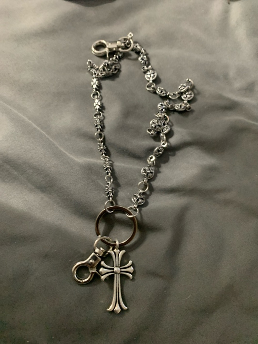Wallet chain Silver Cross Charm Necklace with Floral Link Chain